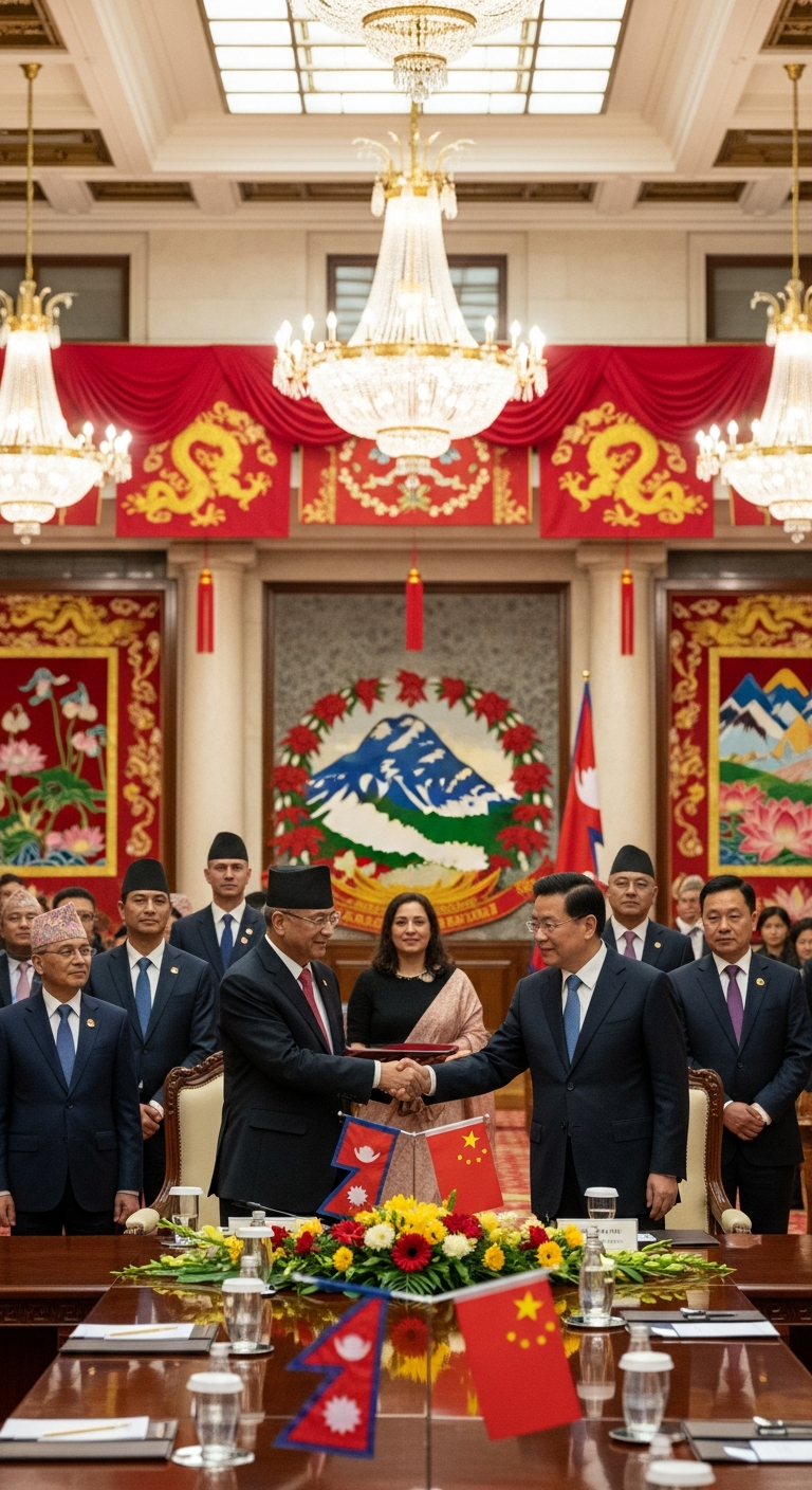 AI_IMAGE: A formal bilateral ceremony between Nepali and Chinese delegates in a grand hall, red and gold decorations, officials shaking hands, warm institutional lighting, dignified atmosphere | photorealistic | portrait