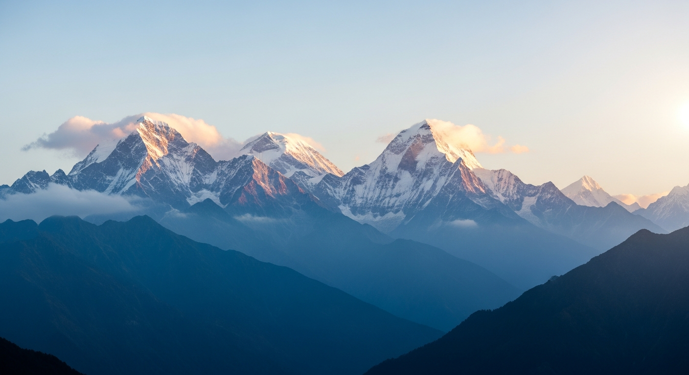 AI_IMAGE: Panoramic photograph of the Himalayan range fading into a Chinese ink-wash sky, majestic mountains, deep blue and soft white tones, subtle cultural blending | photorealistic | landscape