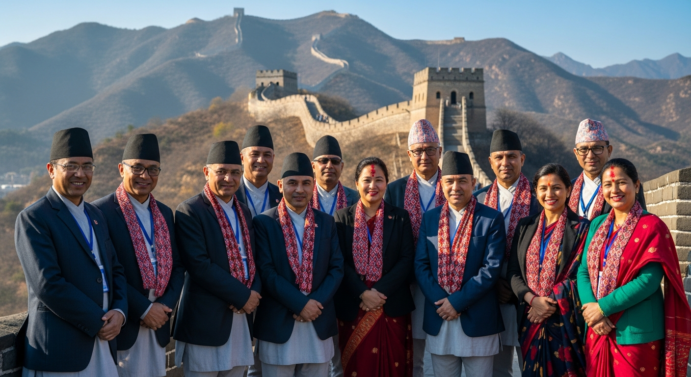 AI_IMAGE: Group of Nepali delegates standing in front of the Great Wall of China on a clear day, smiling, wearing formal attire, scenic mountain backdrop | photorealistic | landscape