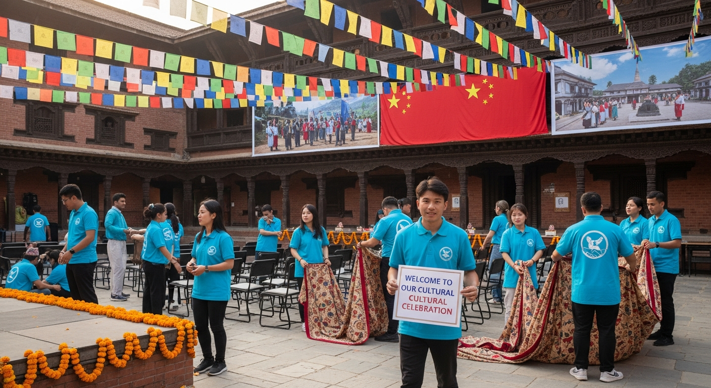 AI_IMAGE: Young Nepali volunteers in matching t-shirts organizing a cultural event in an outdoor courtyard, decorations with Nepali and Chinese flags, colorful banners, late afternoon golden light, sense of community and celebration | photorealistic | 16:9 landscape