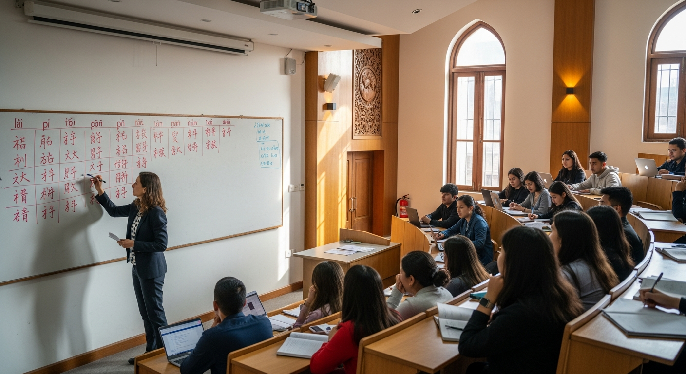 AI_IMAGE: Interior of a university lecture hall in Kathmandu with a female professor writing Chinese characters on a whiteboard, students visible in foreground taking notes, warm natural light from tall windows, educational atmosphere | photorealistic | 16:9 landscape