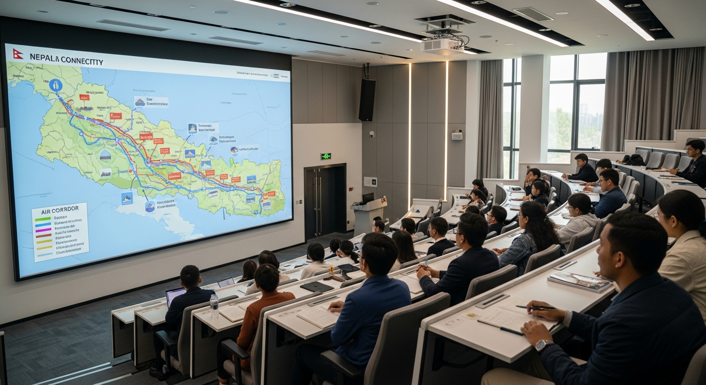 AI_IMAGE: Nepali students seated in a modern university lecture hall in China, large projection screen showing a map of Nepal-China connectivity routes, natural light from floor-to-ceiling windows, attentive academic atmosphere | photorealistic | landscape