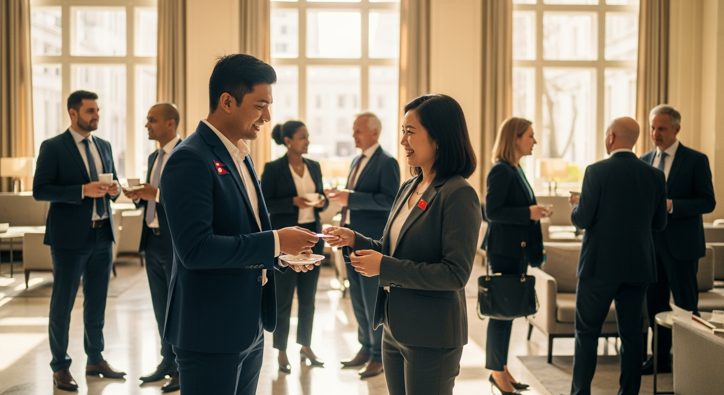 AI_IMAGE: Business professionals networking during a conference break, exchanging business cards in a hotel lobby with large windows, warm natural light, professional attire, Nepal and China flag pins visible on lapels | photorealistic | landscape
