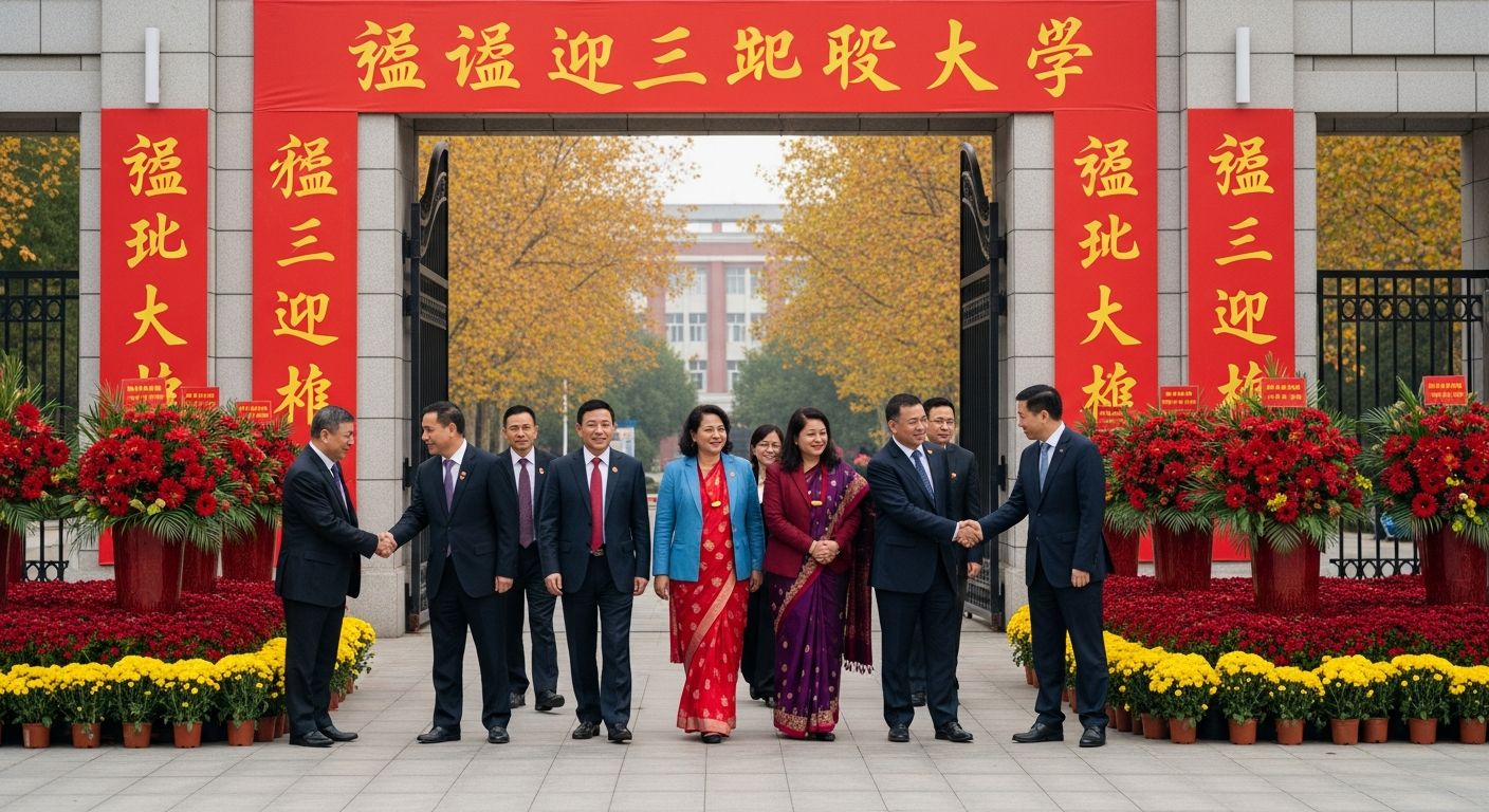 AI_IMAGE: A group of Nepali delegates in formal attire being welcomed at a Chinese university campus gate with red banners and flower arrangements, autumn trees in background, warm diplomatic atmosphere, documentary style | photorealistic | landscape