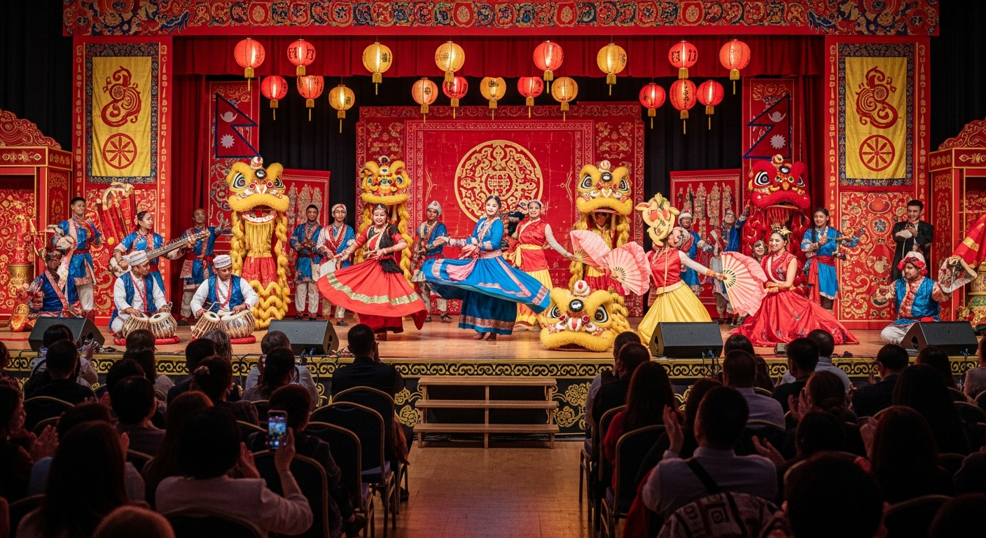 AI_IMAGE: Wide photograph of an indoor cultural festival stage with traditional Nepali and Chinese cultural performers, colorful costumes, audience seated on chairs, red and gold decorations, vibrant community atmosphere, documentary photography style | photorealistic | landscape
