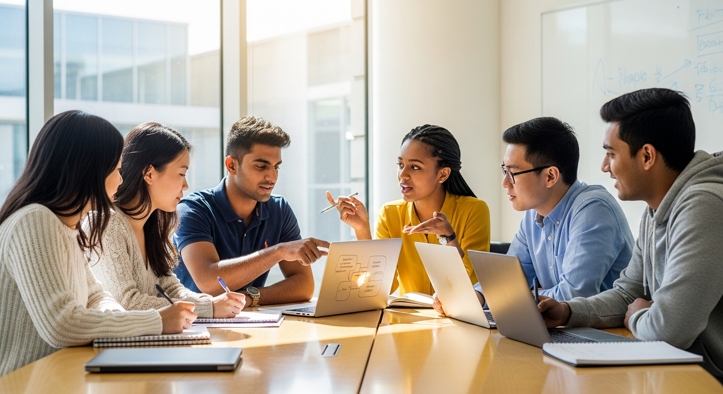AI_IMAGE: A group of young South Asian and East Asian university students in casual smart attire gathered around a round table in a modern seminar room, collaborative discussion, notebooks and laptops visible, bright natural light, hopeful and energetic atmosphere | photorealistic | landscape