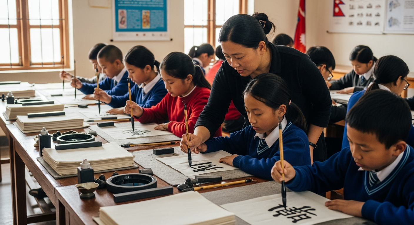 AI_IMAGE: Workshop setting with young Nepali students practicing Chinese calligraphy at long wooden tables, instructor guiding a student's brushwork, warm interior lighting, ink and brushes visible, documentary educational photography | photorealistic | landscape 16:9