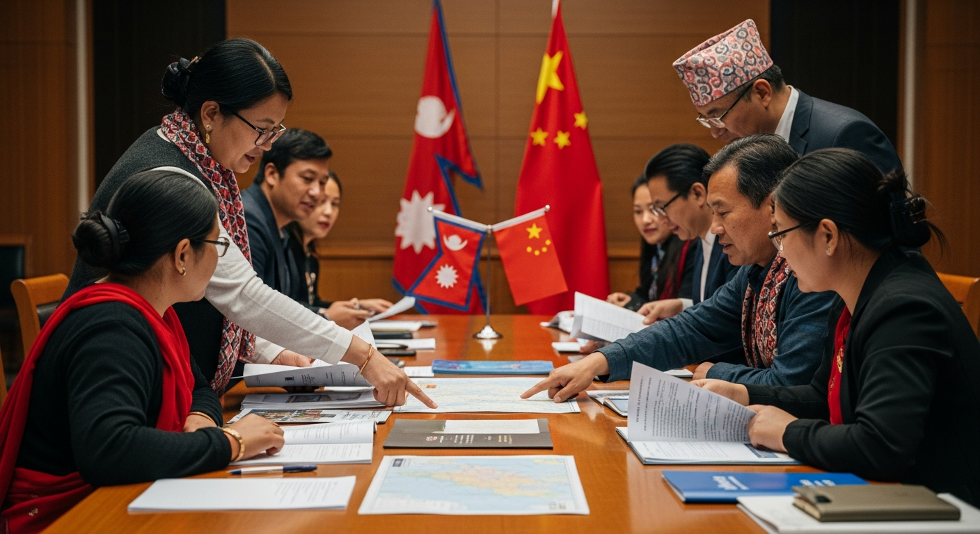 AI_IMAGE: Documentary photograph of a cultural exchange event with Nepali and Chinese participants gathered around a long table reviewing printed materials, warm indoor lighting, institutional setting with national flags visible in background | photorealistic | landscape