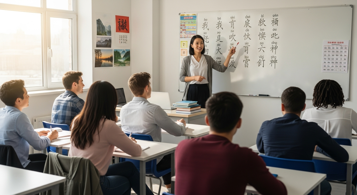 AI_IMAGE: Video thumbnail of a Chinese language class, teacher at whiteboard with Chinese characters, students seated at desks, bright classroom, educational and engaging atmosphere | photorealistic | landscape